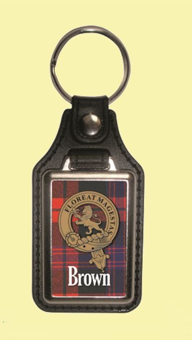 Image 0 of Brown Clan Badge Tartan Scottish Family Name Leather Key Ring Set of 2