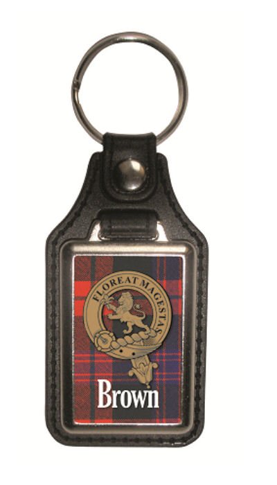 Image 1 of Brown Clan Badge Tartan Scottish Family Name Leather Key Ring Set of 2