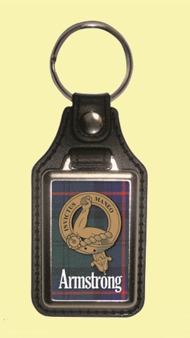 Image 0 of Armstrong Clan Badge Tartan Scottish Family Name Leather Key Ring Set of 2