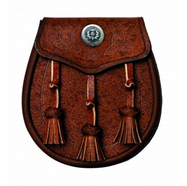 Image 1 of Celtic Embossed Detail Clan Crest Brown Leather Day Mens Sporran 