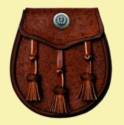 Celtic Embossed Detail Clan Crest Brown Leather Day Mens Sporran 