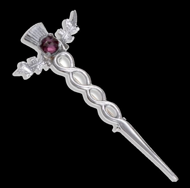 Image 0 of Thistle Flower Oval Purple Glass Stone Twisted Chrome Plated Kilt Pin