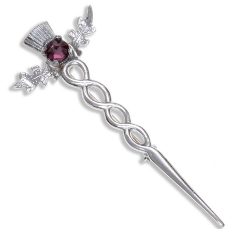 Image 1 of Thistle Flower Oval Purple Glass Stone Twisted Chrome Plated Kilt Pin