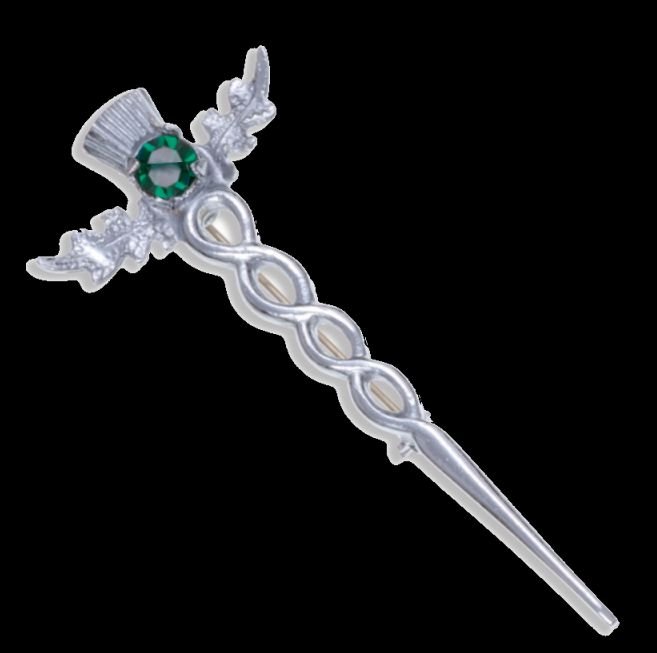 Image 0 of Thistle Flower Oval Green Glass Stone Twisted Chrome Plated Kilt Pin