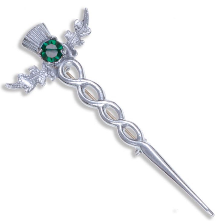 Image 1 of Thistle Flower Oval Green Glass Stone Twisted Chrome Plated Kilt Pin