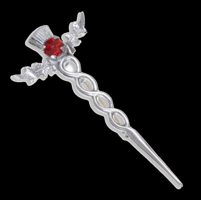 Image 0 of Thistle Flower Oval Red Glass Stone Twisted Chrome Plated Kilt Pin