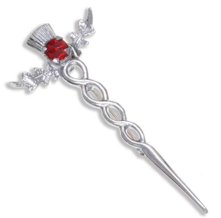 Image 1 of Thistle Flower Oval Red Glass Stone Twisted Chrome Plated Kilt Pin