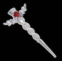 Thistle Flower Oval Red Glass Stone Twisted Chrome Plated Kilt Pin