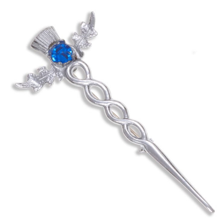 Image 1 of Thistle Flower Oval Blue Glass Stone Twisted Chrome Plated Kilt Pin