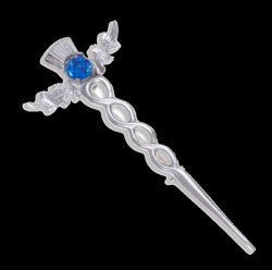 Thistle Flower Oval Blue Glass Stone Twisted Chrome Plated Kilt Pin