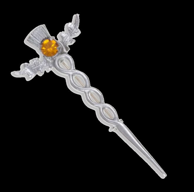 Image 0 of Thistle Flower Oval Orange Glass Stone Twisted Chrome Plated Kilt Pin
