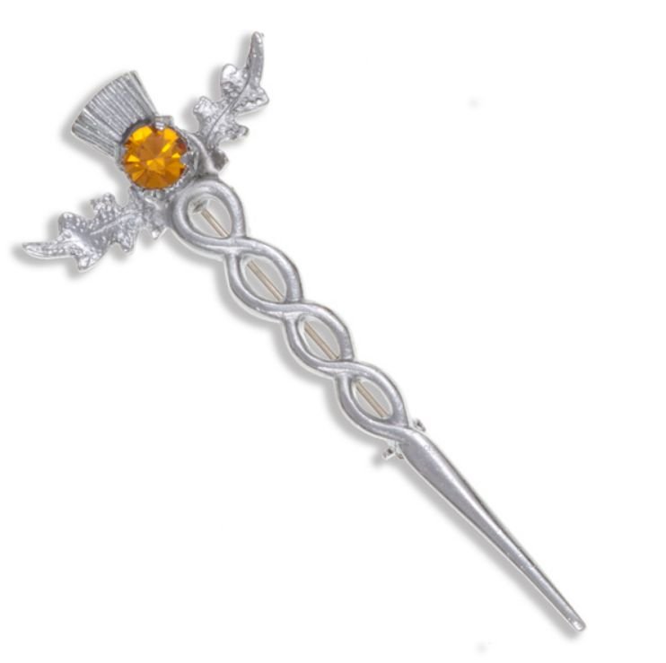 Image 1 of Thistle Flower Oval Orange Glass Stone Twisted Chrome Plated Kilt Pin