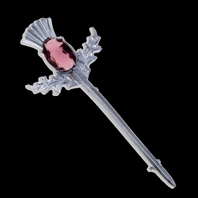 Image 0 of Thistle Flower Oval Purple Glass Stone Straight Chrome Plated Kilt Pin