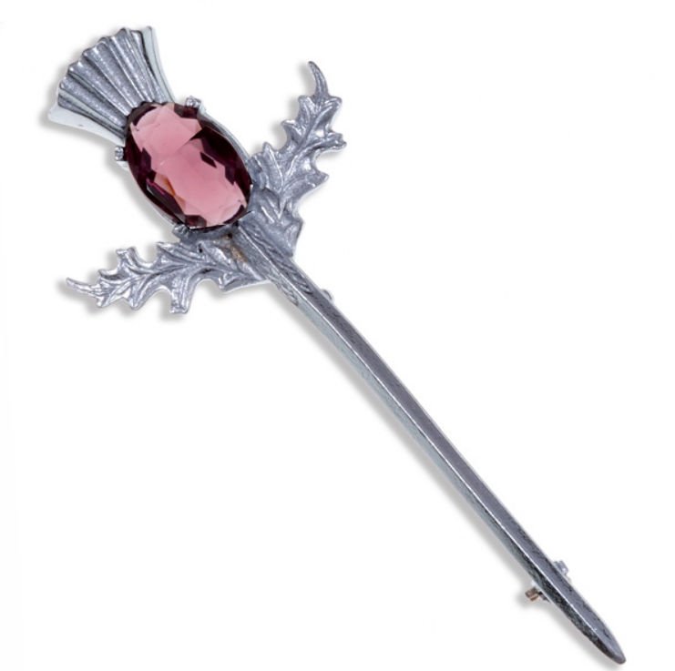 Image 1 of Thistle Flower Oval Purple Glass Stone Straight Chrome Plated Kilt Pin