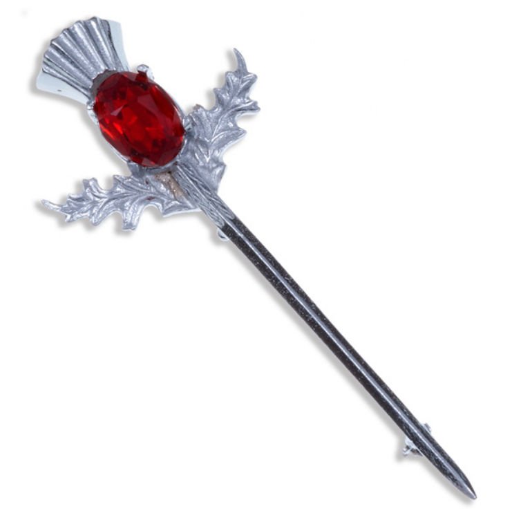 Image 1 of Thistle Flower Oval Red Glass Stone Straight Chrome Plated Kilt Pin