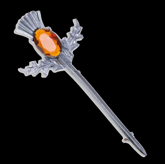 Image 0 of Thistle Flower Oval Orange Glass Stone Straight Chrome Plated Kilt Pin