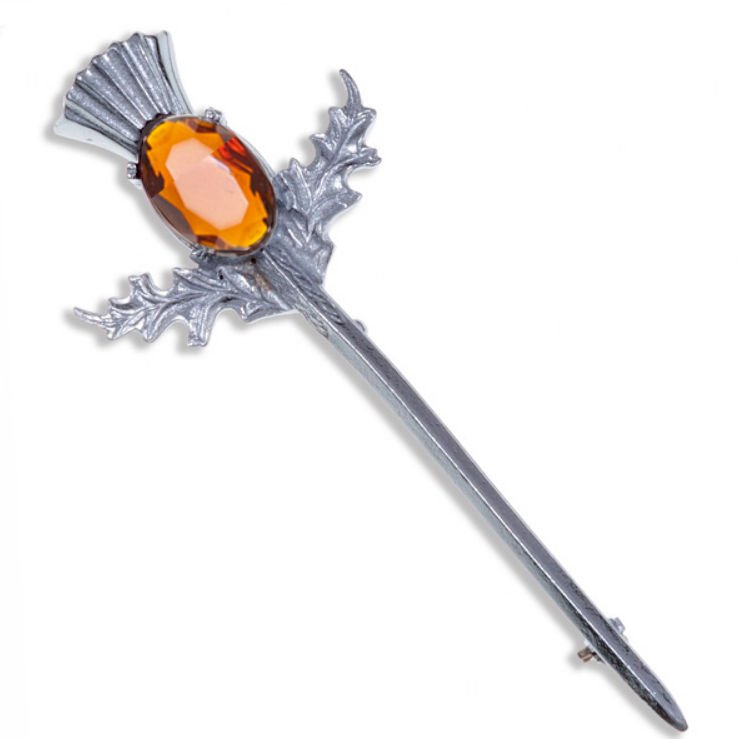 Image 1 of Thistle Flower Oval Orange Glass Stone Straight Chrome Plated Kilt Pin