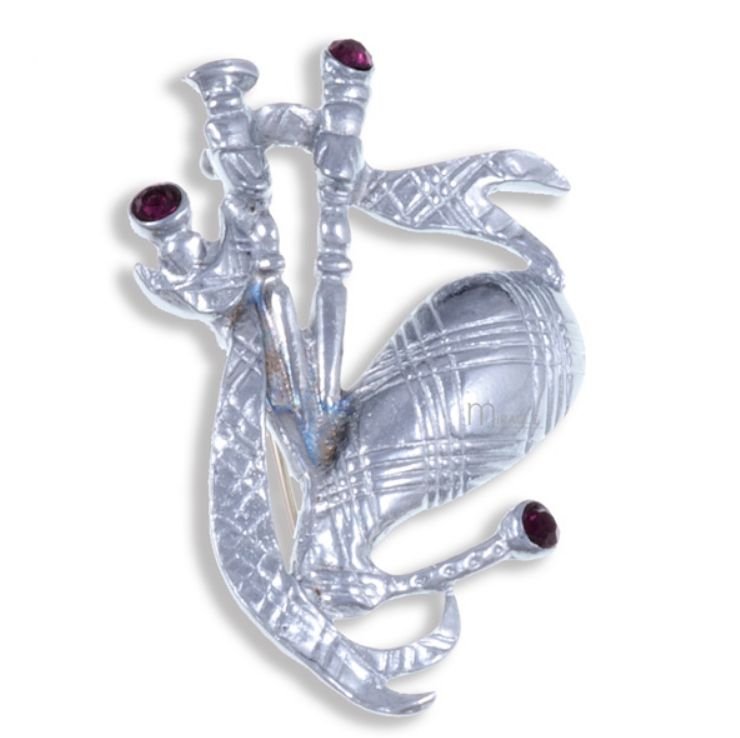 Image 1 of Bagpipe Purple Amethyst Crystal Stone Design Chrome Plated Brooch