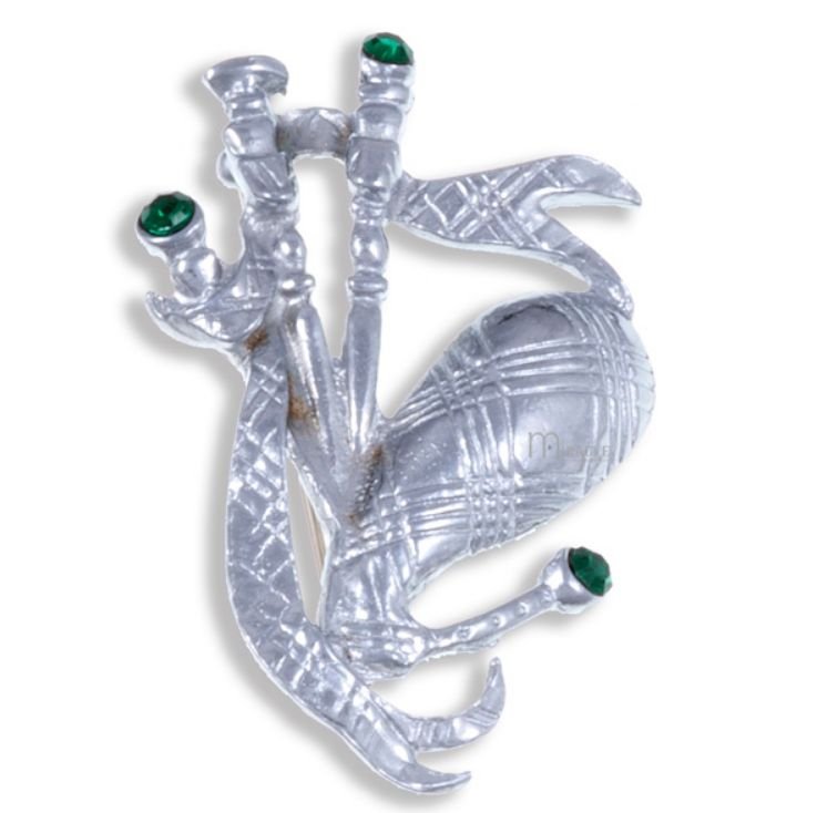 Image 1 of Emerald Green Crystal Stone Bagpipe Design Chrome Plated Brooch