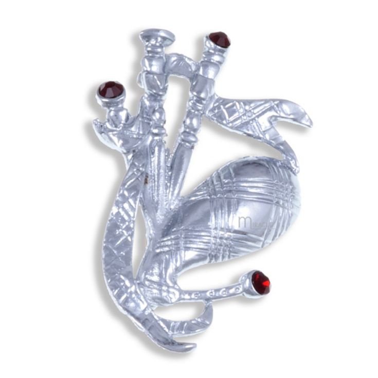 Image 1 of Ruby Red Crystal Stone Bagpipe Design Chrome Plated Brooch
