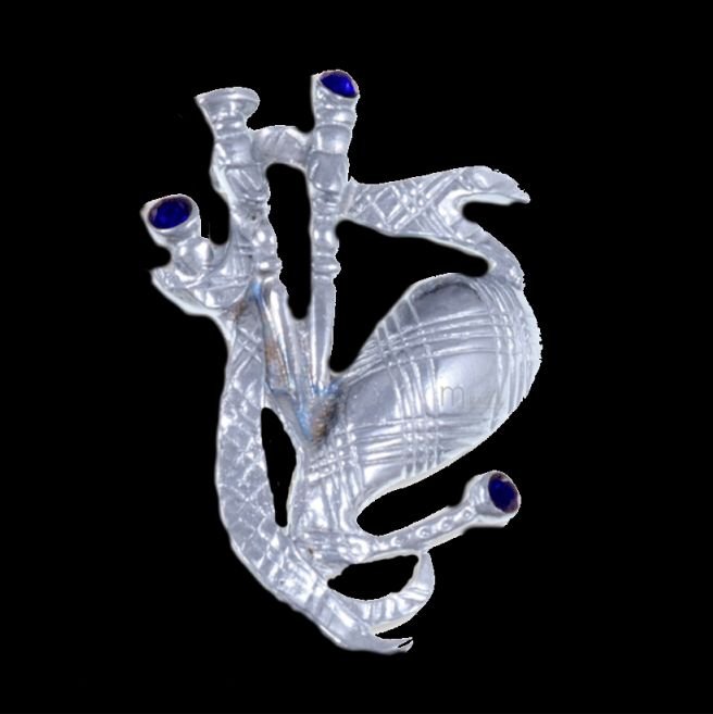 Image 0 of Blue Sapphire Crystal Stone Bagpipe Design Chrome Plated Brooch