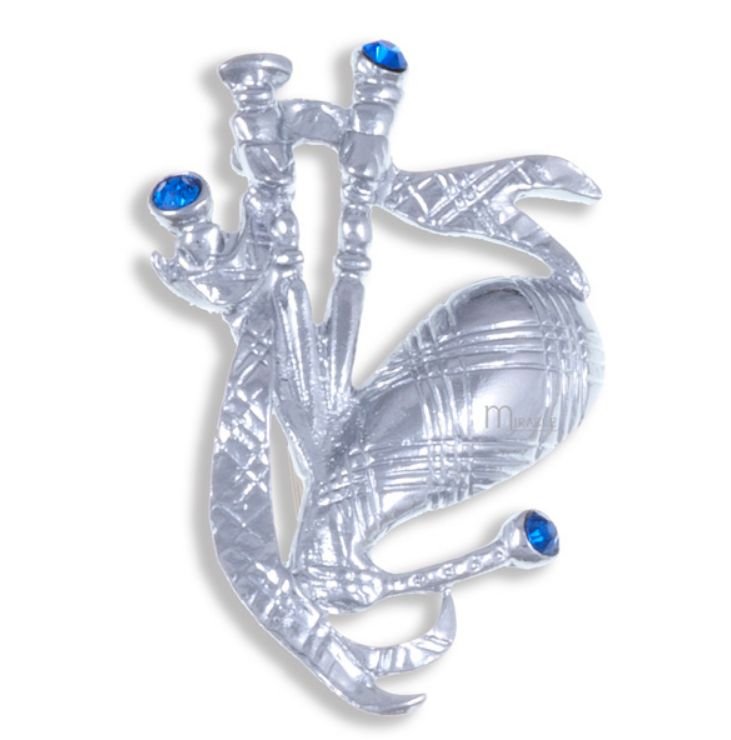 Image 1 of Blue Sapphire Crystal Stone Bagpipe Design Chrome Plated Brooch