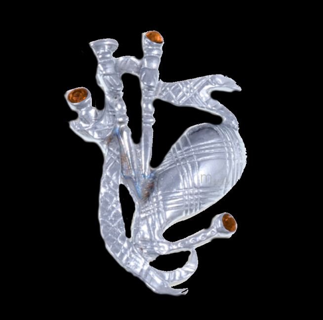 Image 0 of Orange Topaz Crystal Stone Bagpipe Design Chrome Plated Brooch