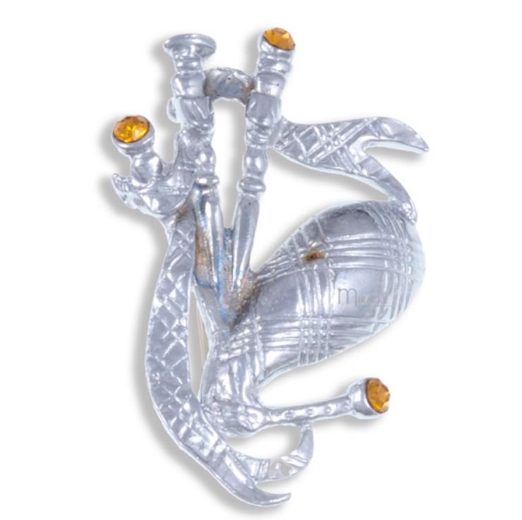 Image 1 of Orange Topaz Crystal Stone Bagpipe Design Chrome Plated Brooch