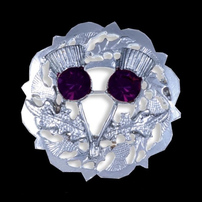 Image 0 of Purple Amethyst Crystal Stone Double Thistle Design Chrome Plated Brooch