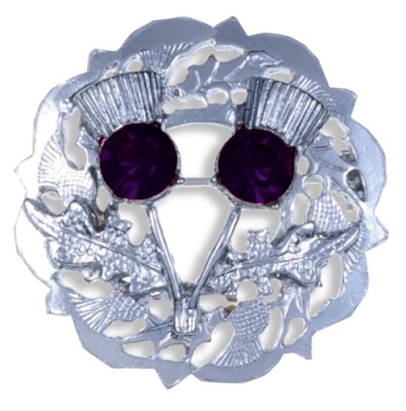 Image 1 of Purple Amethyst Crystal Stone Double Thistle Design Chrome Plated Brooch