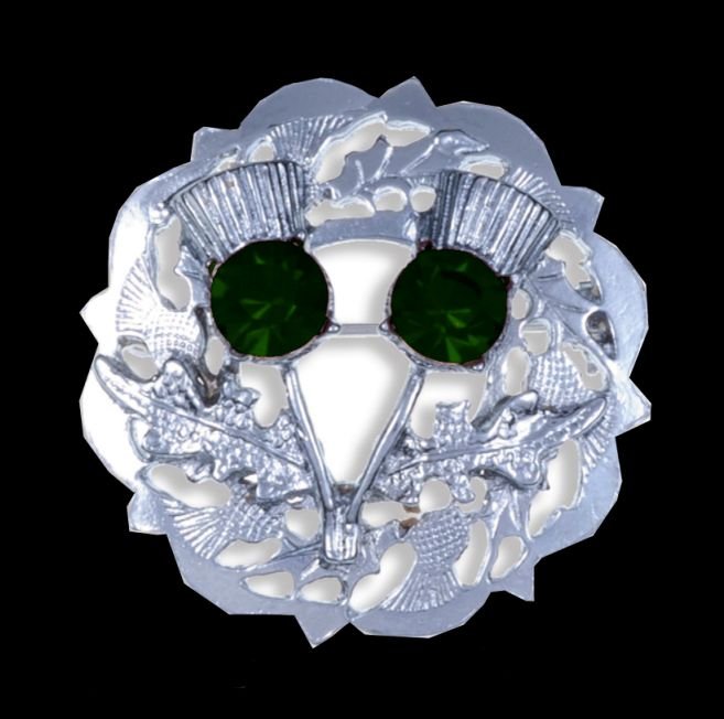 Image 0 of Emerald Green Crystal Stone Double Thistle Design Chrome Plated Brooch