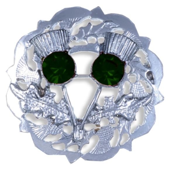 Image 1 of Emerald Green Crystal Stone Double Thistle Design Chrome Plated Brooch
