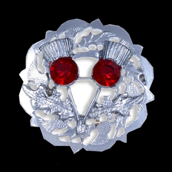 Image 0 of Ruby Red Crystal Stone Double Thistle Design Chrome Plated Brooch