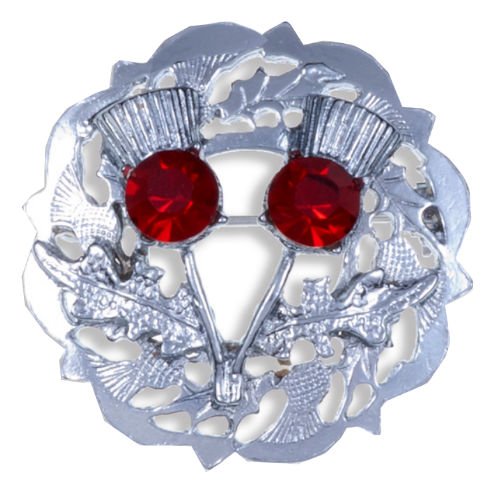 Image 1 of Ruby Red Crystal Stone Double Thistle Design Chrome Plated Brooch