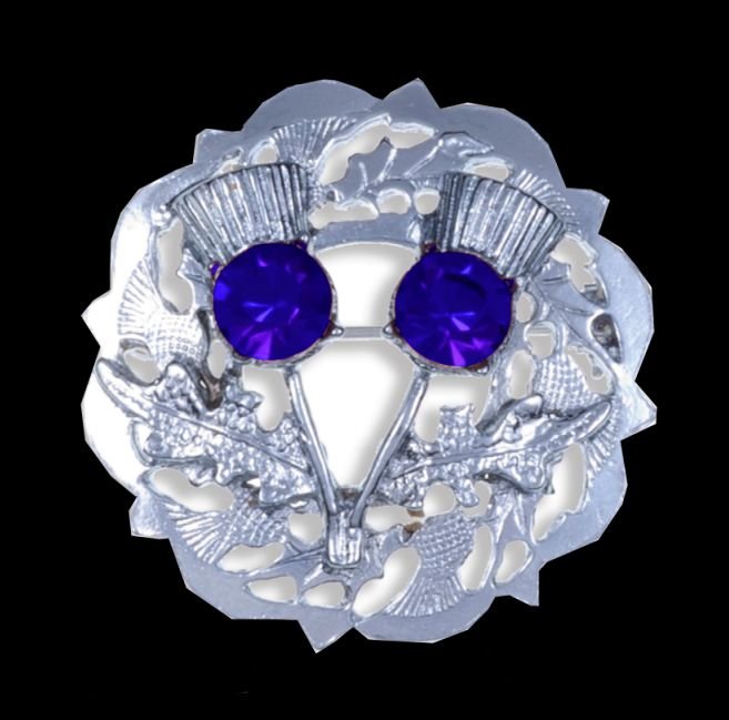 Image 0 of Blue Sapphire Crystal Stone Double Thistle Design Chrome Plated Brooch