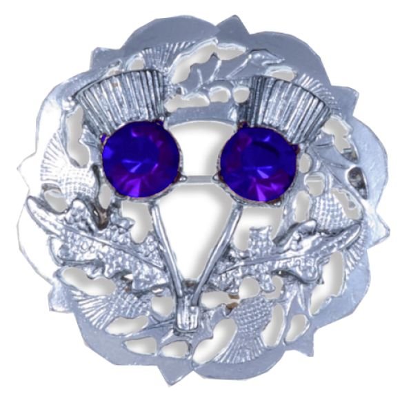Image 1 of Blue Sapphire Crystal Stone Double Thistle Design Chrome Plated Brooch