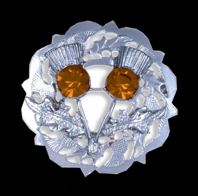 Image 0 of Orange Topaz Crystal Stone Double Thistle Design Chrome Plated Brooch