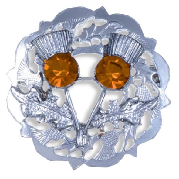 Image 1 of Orange Topaz Crystal Stone Double Thistle Design Chrome Plated Brooch