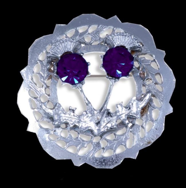 Image 0 of Thistle Twin Flower Round Purple Glass Stone Chrome Plated Brooch
