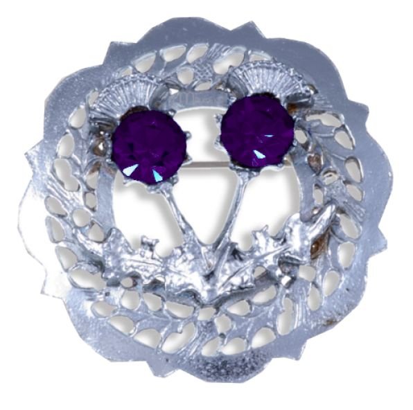 Image 1 of Thistle Twin Flower Round Purple Glass Stone Chrome Plated Brooch