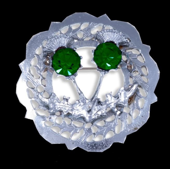 Image 0 of Thistle Twin Flower Round Green Glass Stone Chrome Plated Brooch