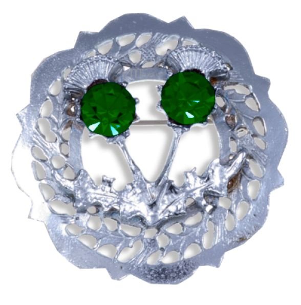 Image 1 of Thistle Twin Flower Round Green Glass Stone Chrome Plated Brooch