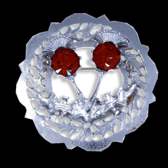 Image 0 of Thistle Twin Flower Round Red Glass Stone Chrome Plated Brooch