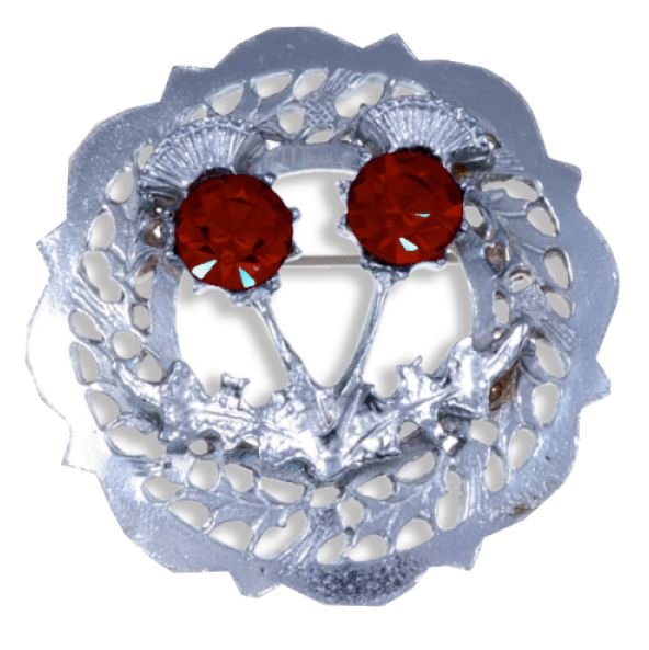 Image 1 of Thistle Twin Flower Round Red Glass Stone Chrome Plated Brooch
