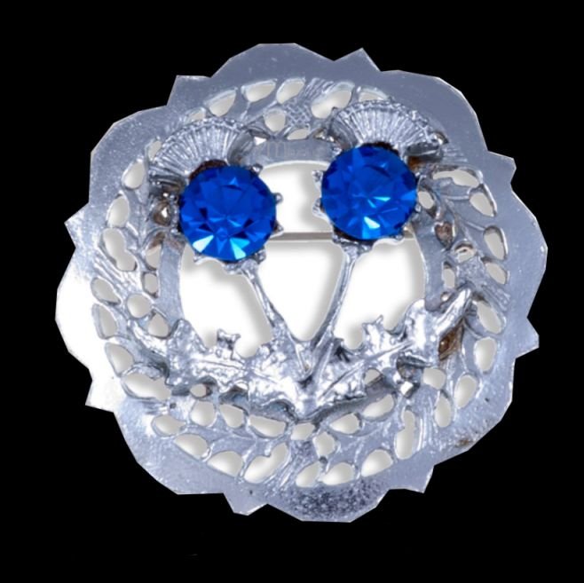 Image 0 of Thistle Twin Flower Round Blue Glass Stone Chrome Plated Brooch
