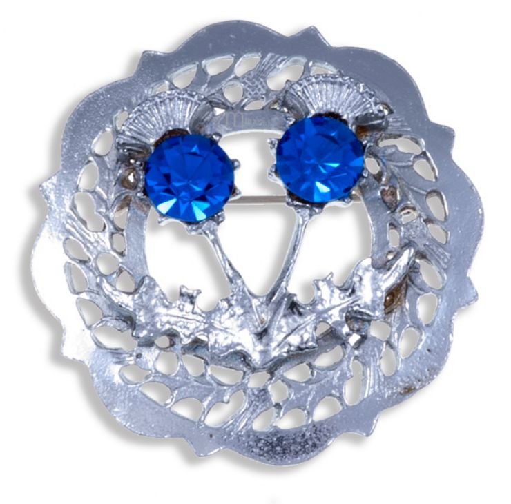 Image 1 of Thistle Twin Flower Round Blue Glass Stone Chrome Plated Brooch