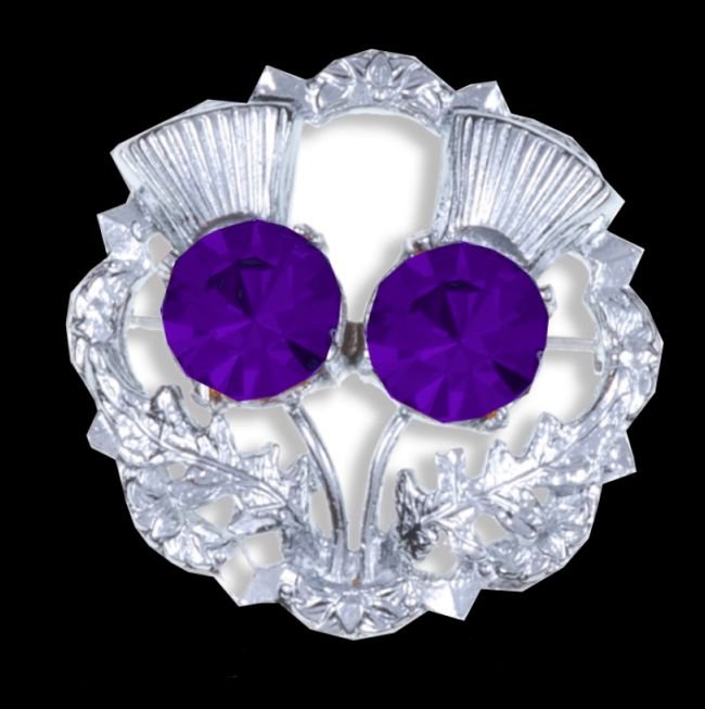 Image 0 of Purple Amethyst Crystal Stone Double Thistle Flowers Chrome Plated Brooch