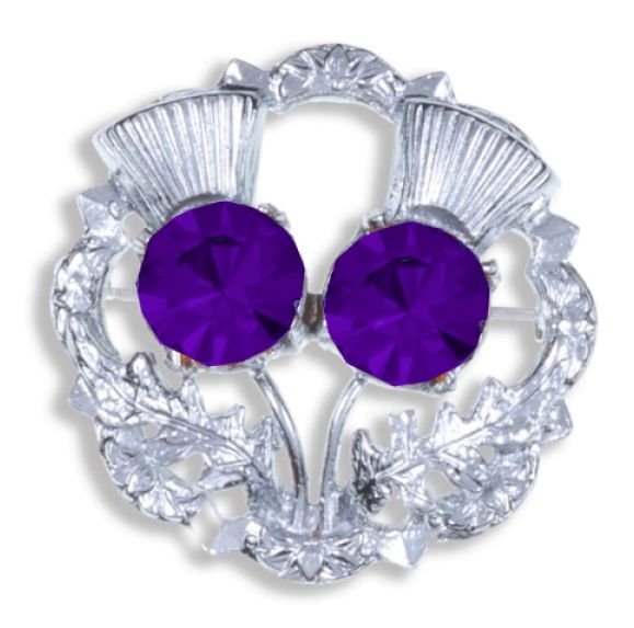 Image 1 of Purple Amethyst Crystal Stone Double Thistle Flowers Chrome Plated Brooch