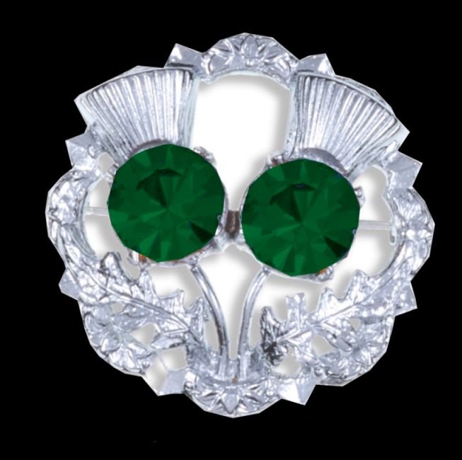 Image 0 of Emerald Green Crystal Stone Double Thistle Flowers Chrome Plated Brooch