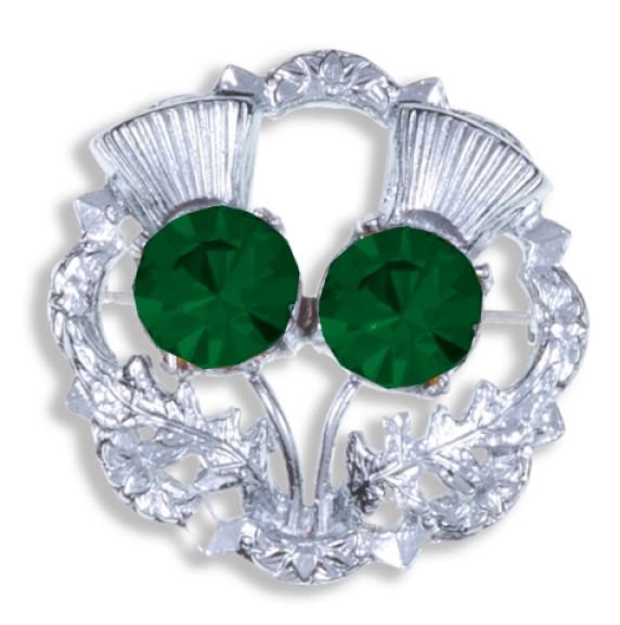 Image 1 of Emerald Green Crystal Stone Double Thistle Flowers Chrome Plated Brooch